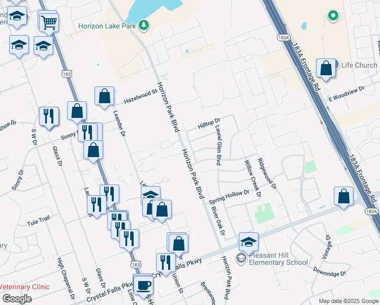 map of restaurants, bars, coffee shops, grocery stores, and more near 1103 Tanglewood Drive in Leander