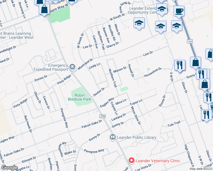 map of restaurants, bars, coffee shops, grocery stores, and more near 909 Dexter Dr in Leander