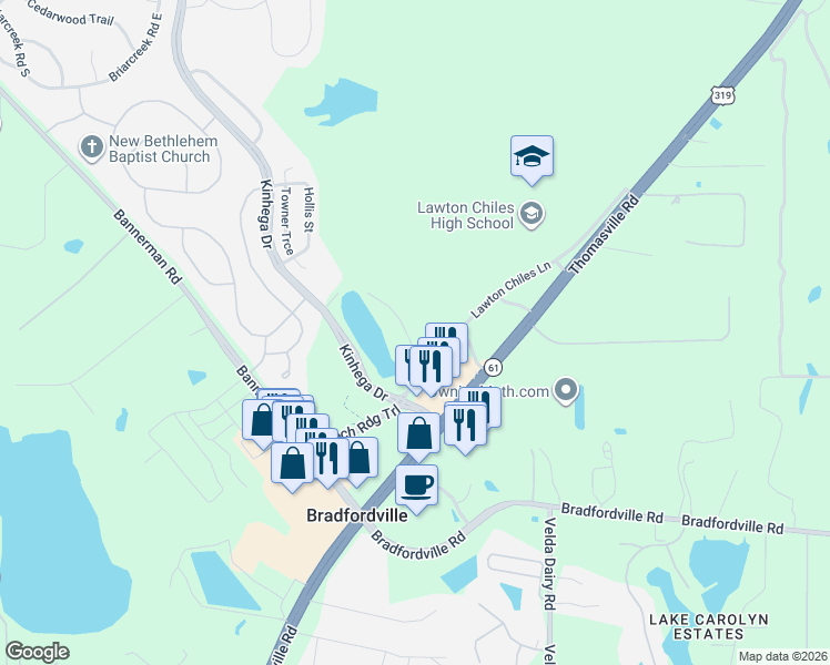 map of restaurants, bars, coffee shops, grocery stores, and more near 7127 Beech Ridge Trail in Tallahassee