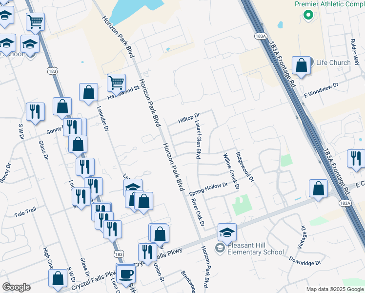 map of restaurants, bars, coffee shops, grocery stores, and more near 612 Thrush Drive in Leander