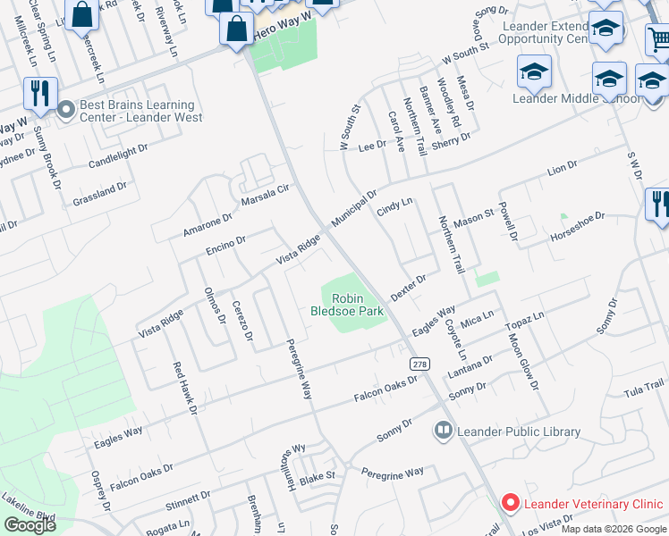 map of restaurants, bars, coffee shops, grocery stores, and more near 517 County Road 278 in Leander