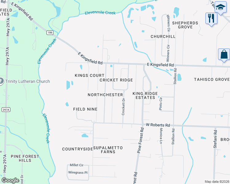 map of restaurants, bars, coffee shops, grocery stores, and more near 2237 Cricket Ridge Drive in Gonzalez