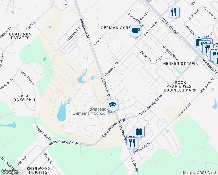 map of restaurants, bars, coffee shops, grocery stores, and more near 2834 Papa Bear Drive in College Station