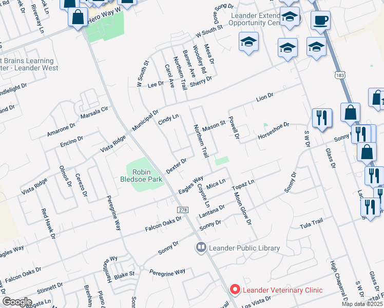 map of restaurants, bars, coffee shops, grocery stores, and more near 909 Dexter Drive in Leander