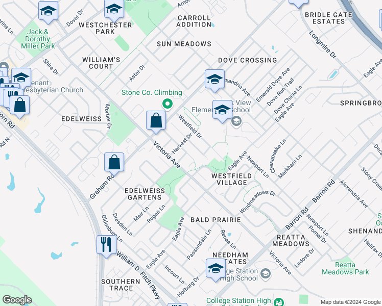 map of restaurants, bars, coffee shops, grocery stores, and more near 3811 Meadow View Drive in College Station