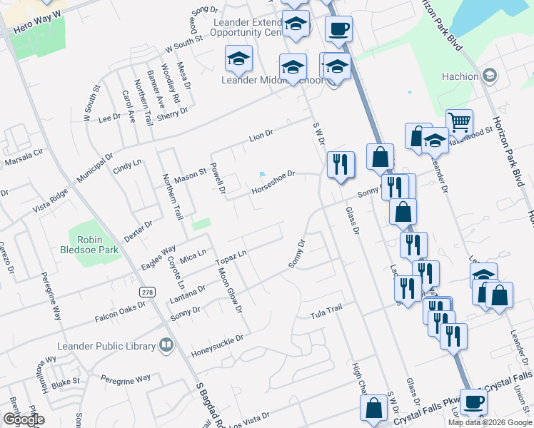 map of restaurants, bars, coffee shops, grocery stores, and more near 601 Kaluga Trail in Leander