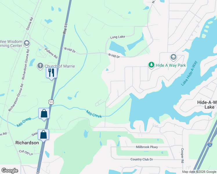 map of restaurants, bars, coffee shops, grocery stores, and more near 100-198 Hide a Way Lane in Carriere