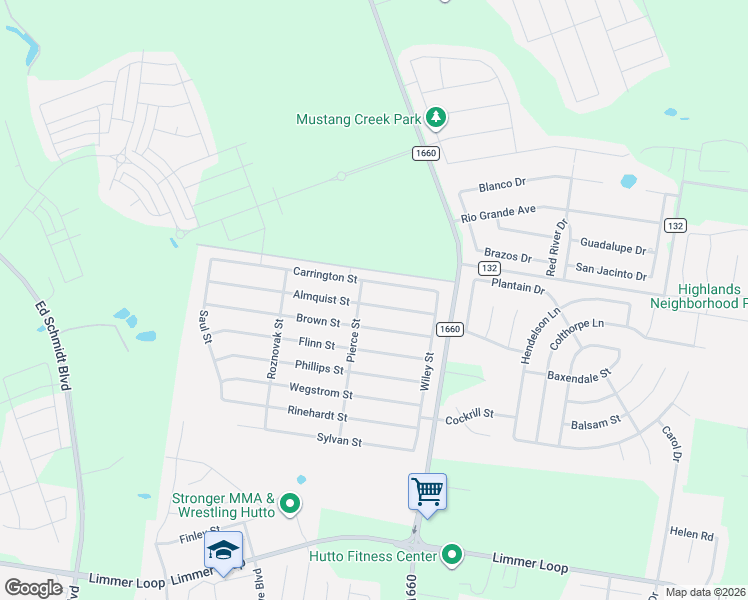 map of restaurants, bars, coffee shops, grocery stores, and more near 126 Almquist Street in Hutto