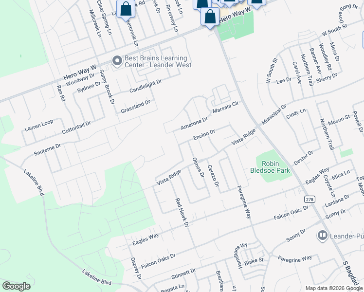 map of restaurants, bars, coffee shops, grocery stores, and more near 302 Frio Lane in Leander