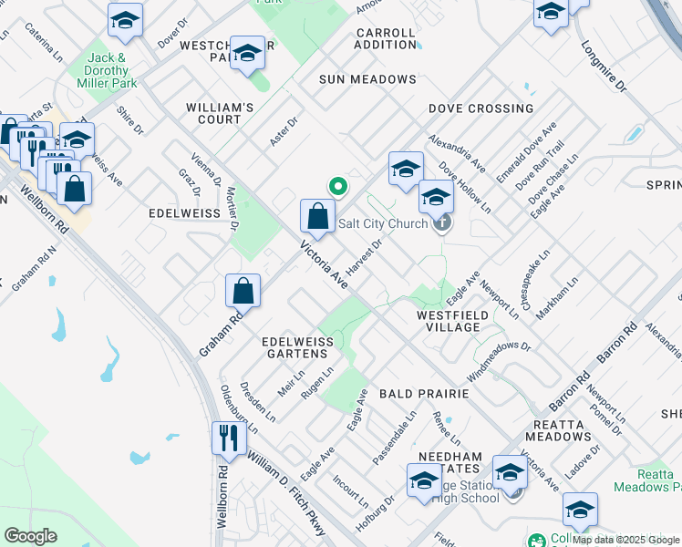 map of restaurants, bars, coffee shops, grocery stores, and more near 3707 Ardenne Court in College Station