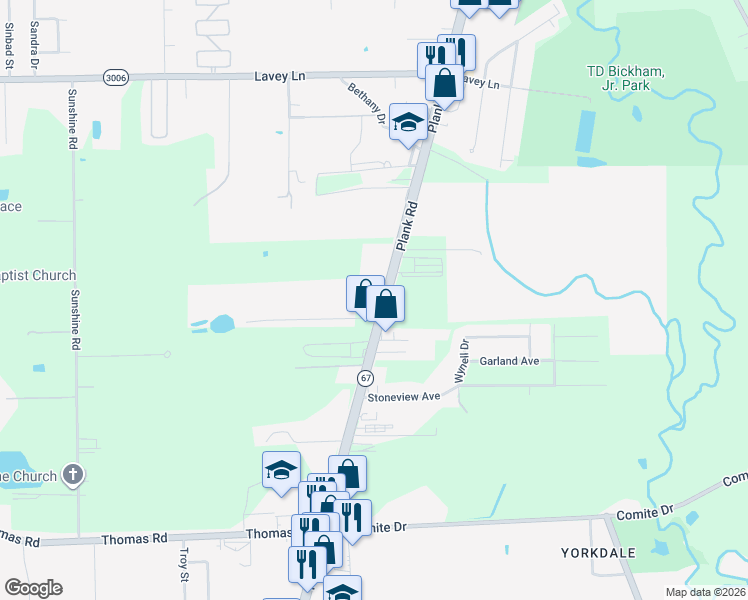 map of restaurants, bars, coffee shops, grocery stores, and more near 13111 Plank Road in Baker