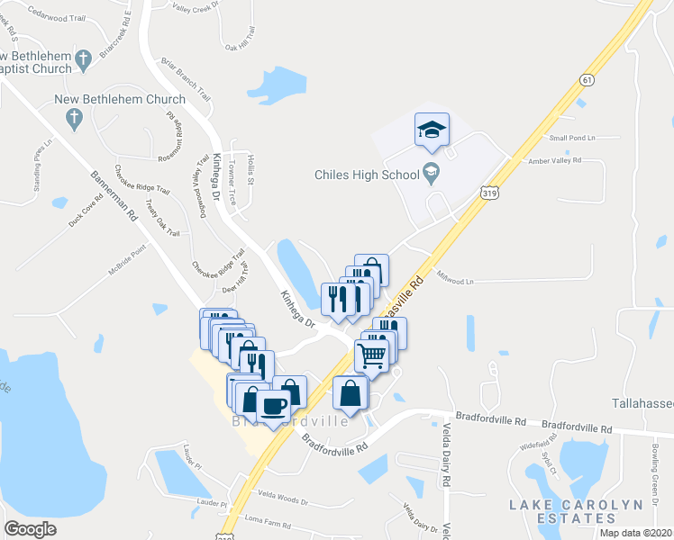 map of restaurants, bars, coffee shops, grocery stores, and more near 7127 Beech Ridge Trail in Tallahassee