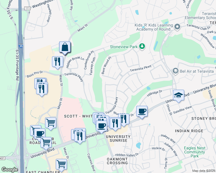 map of restaurants, bars, coffee shops, grocery stores, and more near 703 Crestwood Lane in Round Rock