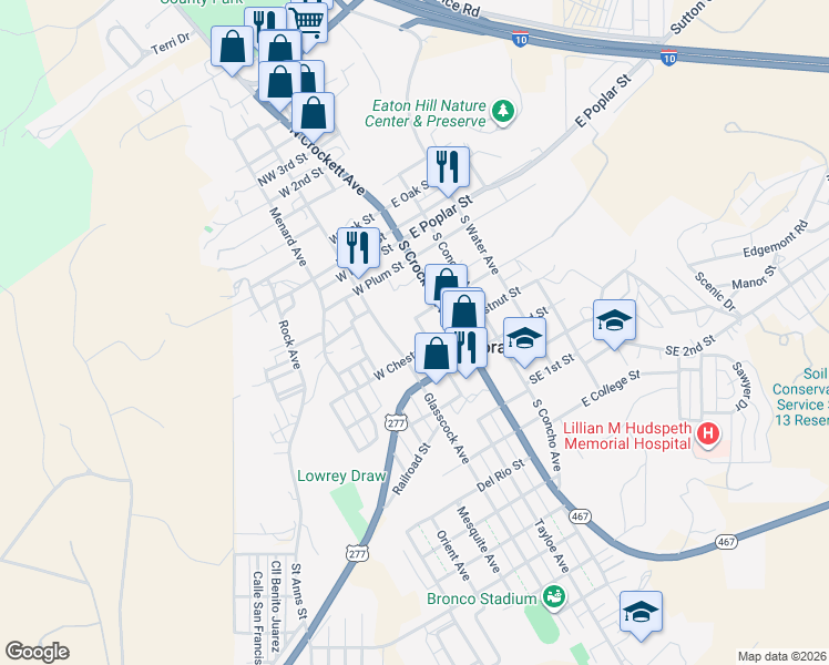 map of restaurants, bars, coffee shops, grocery stores, and more near 202 West Chestnut Street in Sonora