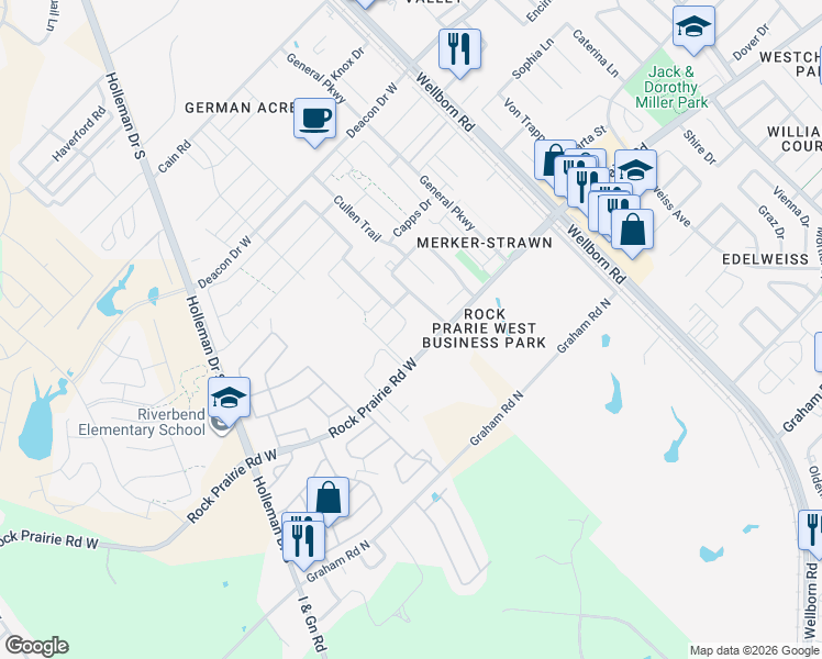map of restaurants, bars, coffee shops, grocery stores, and more near 3525 Summerway Drive in College Station