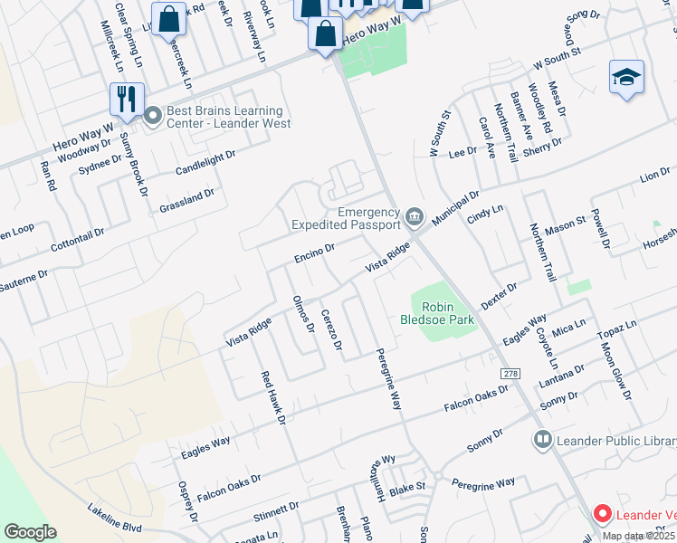 map of restaurants, bars, coffee shops, grocery stores, and more near 314 Sendero Lane in Leander