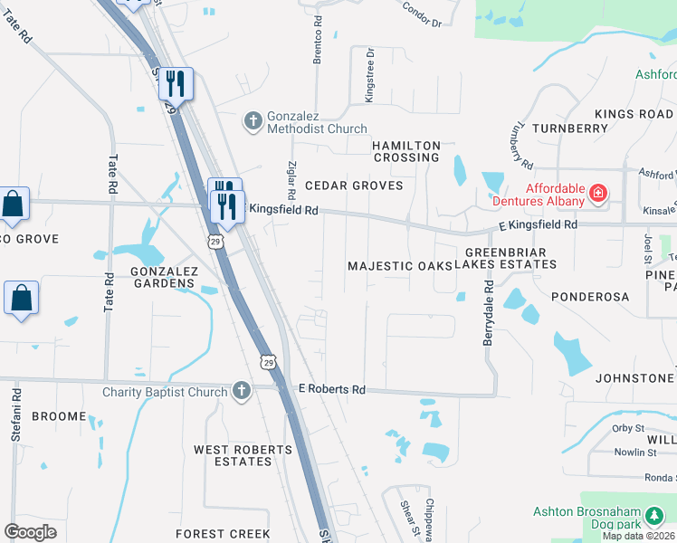 map of restaurants, bars, coffee shops, grocery stores, and more near 2334 Bob White Lane in Pensacola