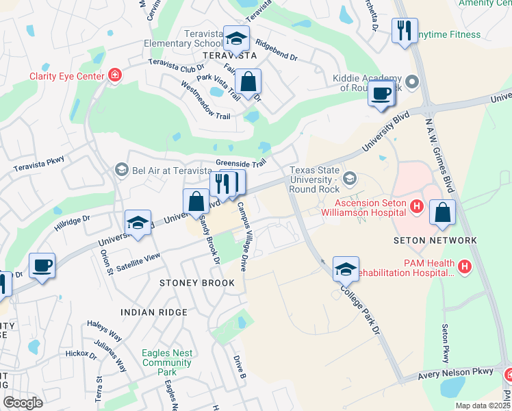 map of restaurants, bars, coffee shops, grocery stores, and more near 4701 Campus Village Drive in Round Rock