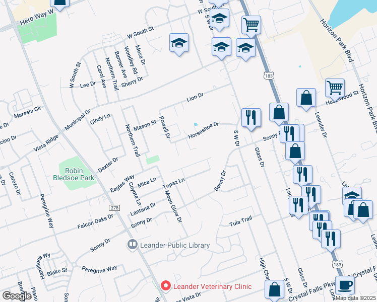 map of restaurants, bars, coffee shops, grocery stores, and more near 601 Kaluga Trail in Leander