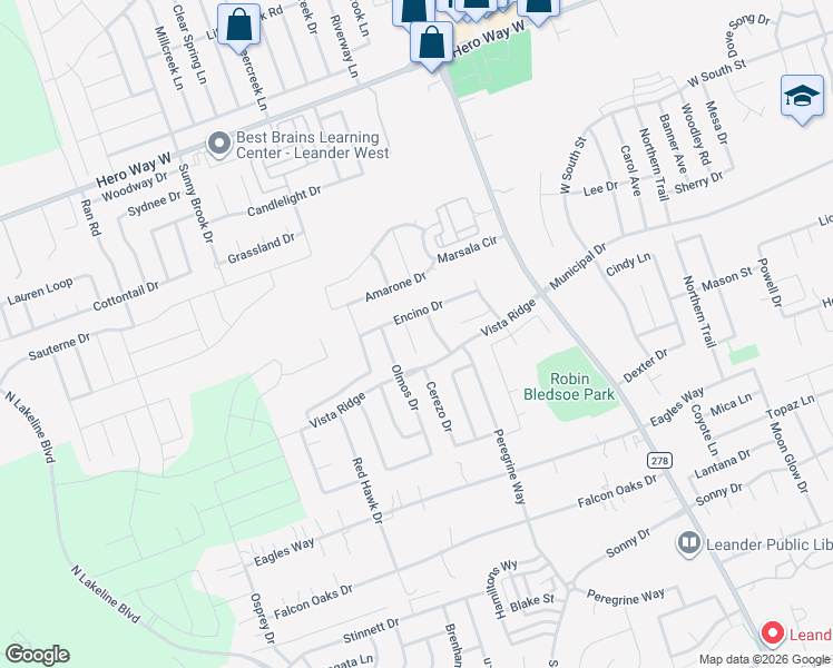map of restaurants, bars, coffee shops, grocery stores, and more near 311 Bonita Court in Leander