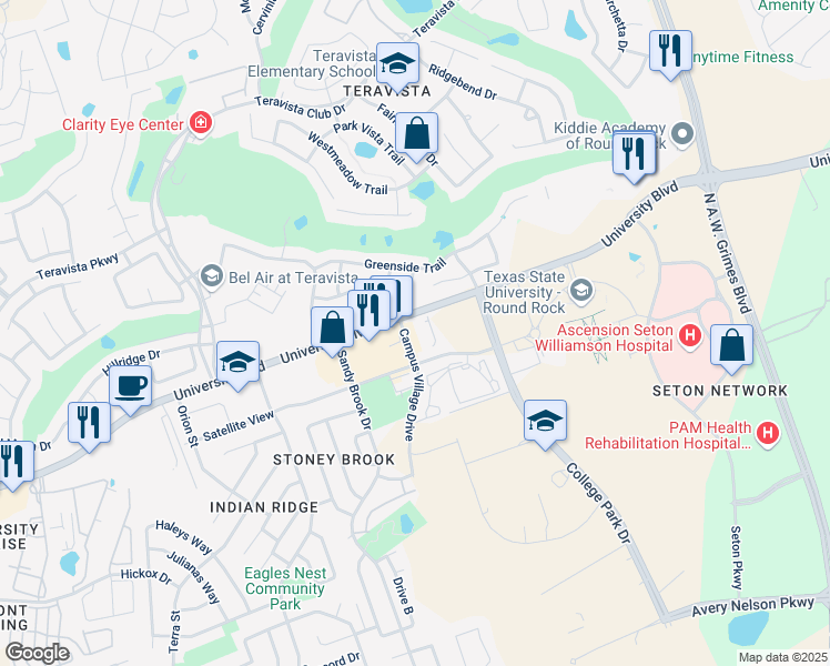 map of restaurants, bars, coffee shops, grocery stores, and more near 4701 Campus Village Drive in Round Rock