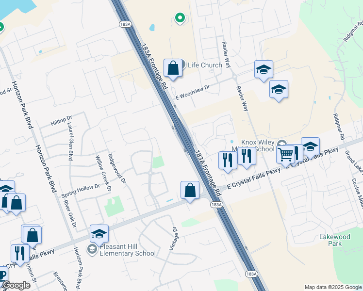 map of restaurants, bars, coffee shops, grocery stores, and more near 183A Frontage Road in Leander