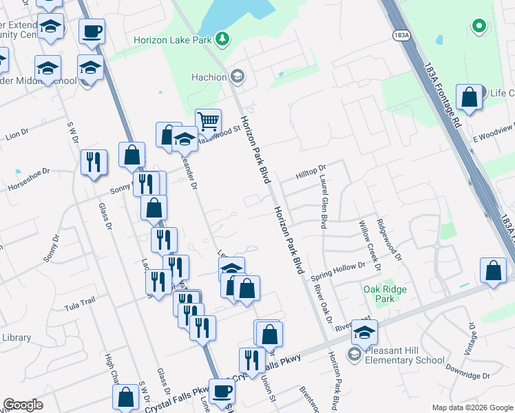 map of restaurants, bars, coffee shops, grocery stores, and more near 1001 Horizon Park Boulevard in Leander