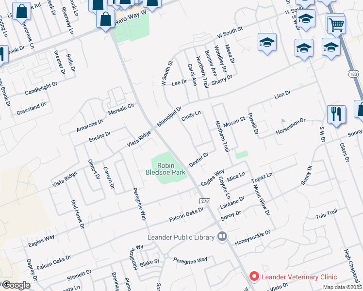 map of restaurants, bars, coffee shops, grocery stores, and more near 600 South Bagdad Road in Leander