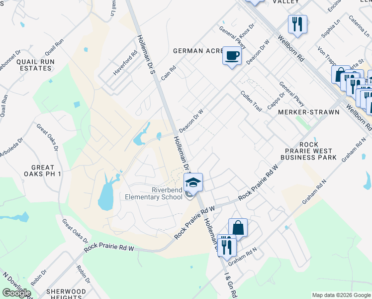 map of restaurants, bars, coffee shops, grocery stores, and more near 2834 Papa Bear Drive in College Station