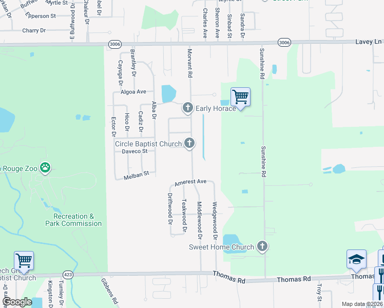map of restaurants, bars, coffee shops, grocery stores, and more near 13202 Morvant Road in Baker
