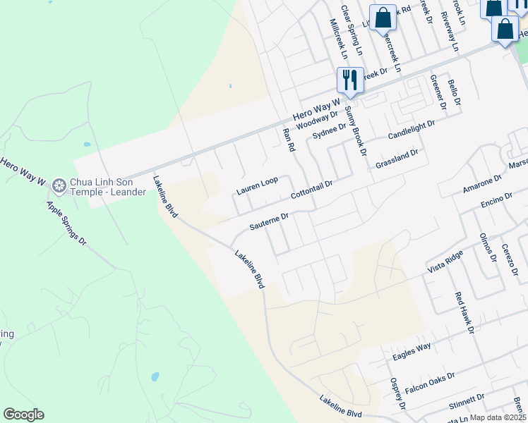 map of restaurants, bars, coffee shops, grocery stores, and more near 2312 Cottontail Drive in Leander