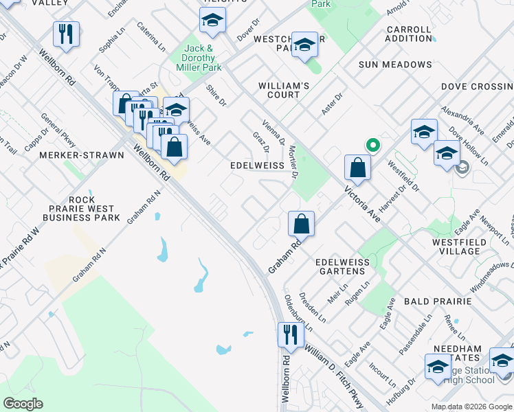 map of restaurants, bars, coffee shops, grocery stores, and more near 3743 Marielene Circle in College Station