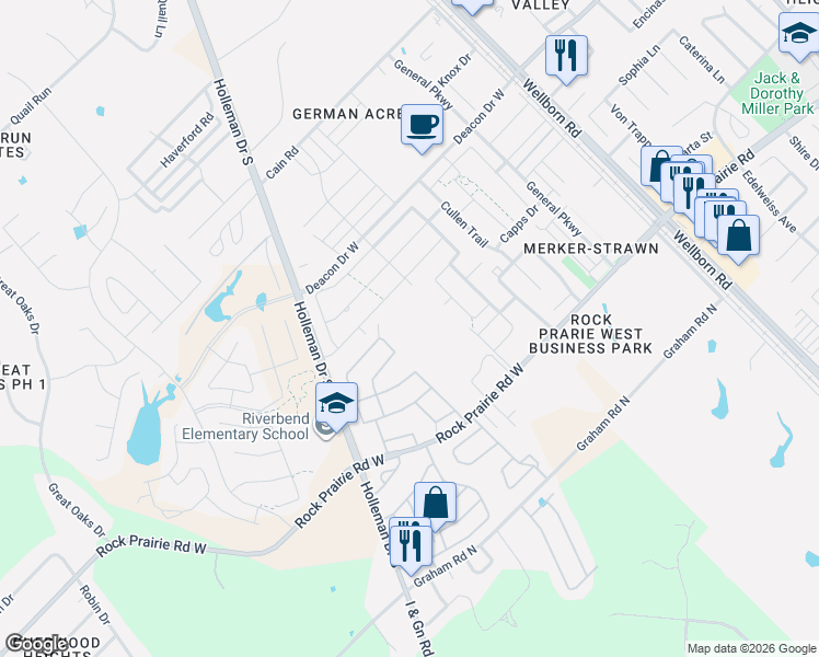 map of restaurants, bars, coffee shops, grocery stores, and more near Oak Crst in College Station
