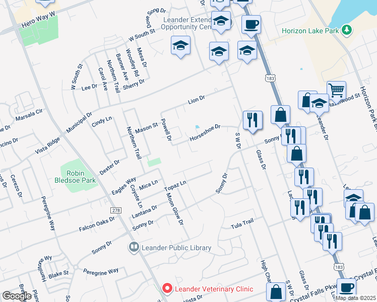 map of restaurants, bars, coffee shops, grocery stores, and more near 601 Kaluga Trail in Leander