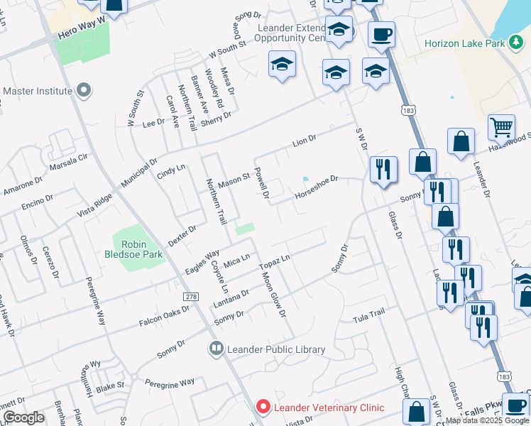map of restaurants, bars, coffee shops, grocery stores, and more near 702 Horseshoe Drive in Leander