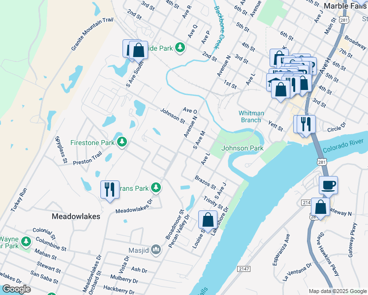 map of restaurants, bars, coffee shops, grocery stores, and more near 1401 Colorado Drive in Marble Falls
