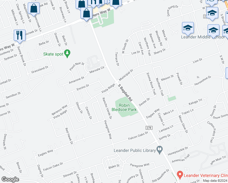 map of restaurants, bars, coffee shops, grocery stores, and more near 1220 Gaviota Lane in Leander