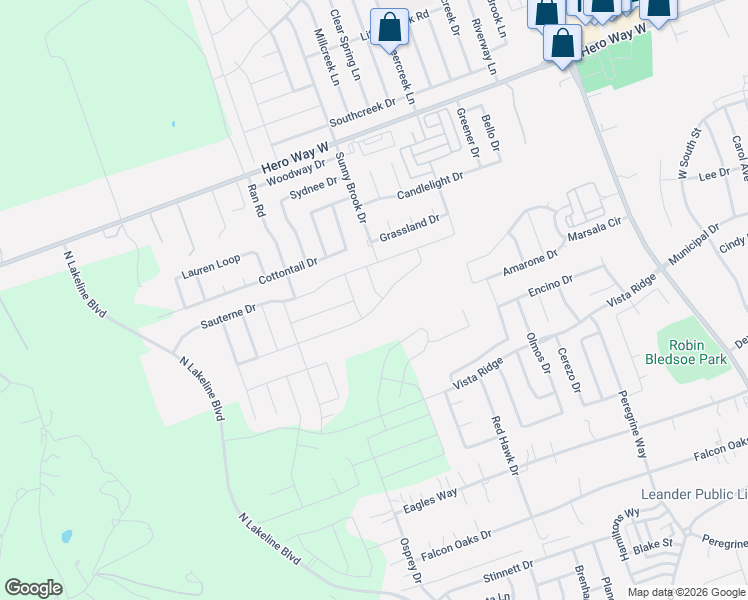 map of restaurants, bars, coffee shops, grocery stores, and more near 1901 Camay Street in Leander