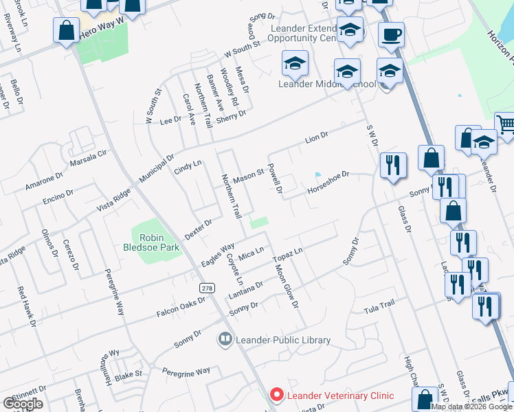 map of restaurants, bars, coffee shops, grocery stores, and more near 800 Teal Lane in Leander