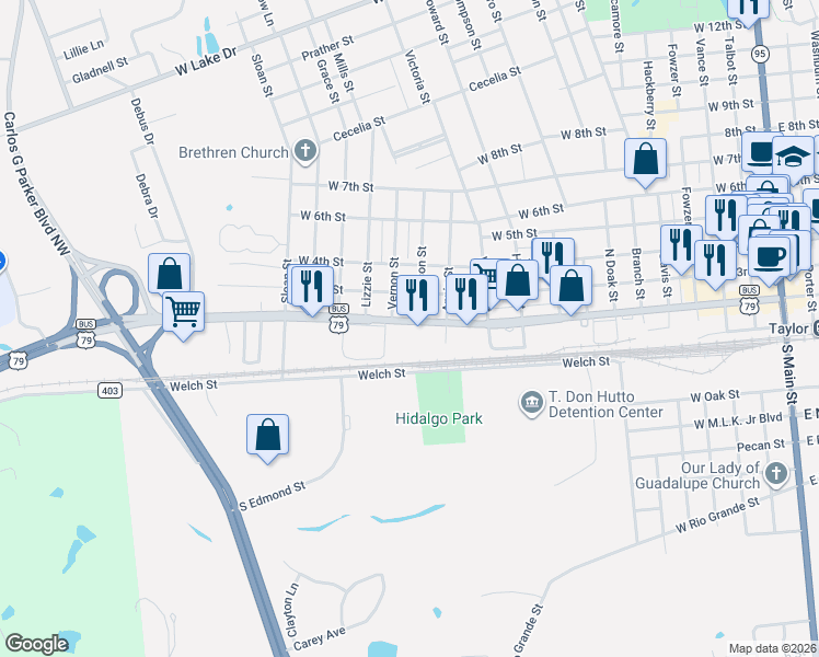 map of restaurants, bars, coffee shops, grocery stores, and more near 1333 West 2nd Street in Taylor