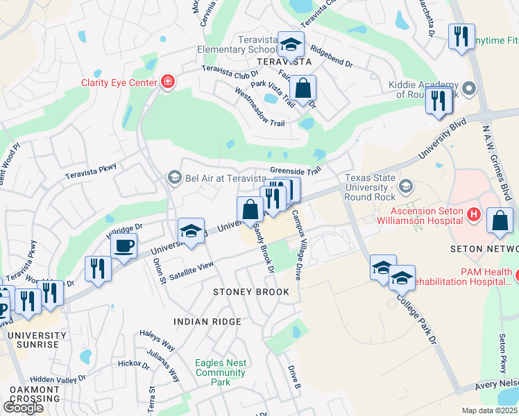 map of restaurants, bars, coffee shops, grocery stores, and more near 1703 Hidden Springs Path in Round Rock