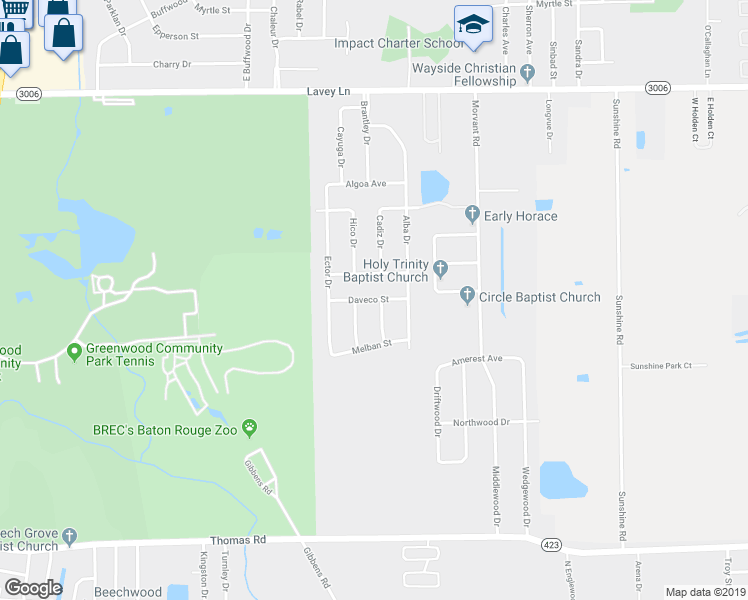 map of restaurants, bars, coffee shops, grocery stores, and more near 4398 Daveco Street in Baker