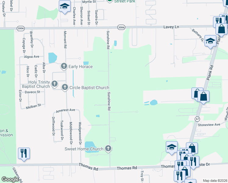 map of restaurants, bars, coffee shops, grocery stores, and more near 13231 Sunshine Road in Baton Rouge