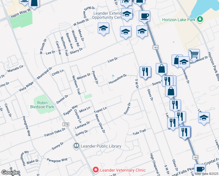 map of restaurants, bars, coffee shops, grocery stores, and more near 602 Horseshoe Drive in Leander