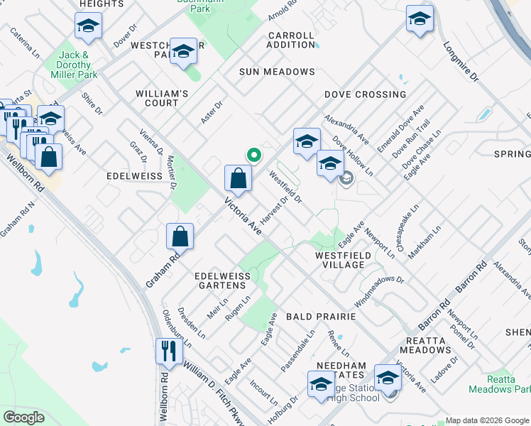 map of restaurants, bars, coffee shops, grocery stores, and more near 3719 Springfield Drive in College Station