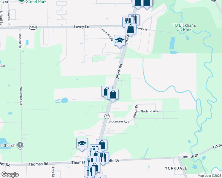 map of restaurants, bars, coffee shops, grocery stores, and more near 13443 Plank Road in Baker