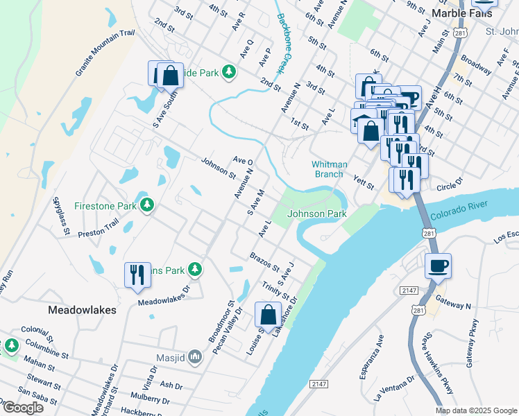 map of restaurants, bars, coffee shops, grocery stores, and more near 411 South Avenue M in Marble Falls