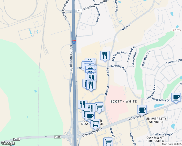 map of restaurants, bars, coffee shops, grocery stores, and more near 4401 North Interstate Highway 35 in Round Rock