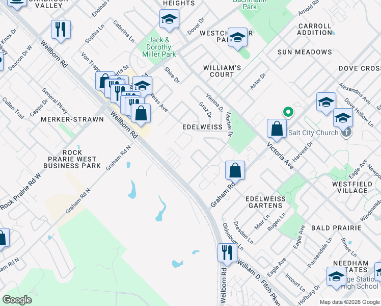 map of restaurants, bars, coffee shops, grocery stores, and more near 3716 Marielene Circle in College Station