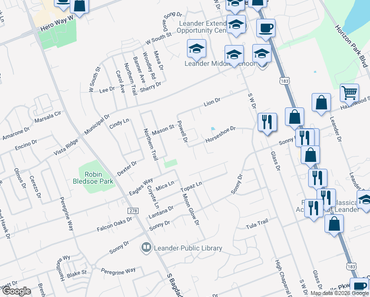 map of restaurants, bars, coffee shops, grocery stores, and more near 523 Powell Drive in Leander